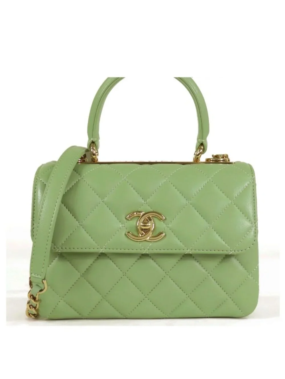 Chanel Top Handle Flap Bag Sage Green Gold Leather 2-Way